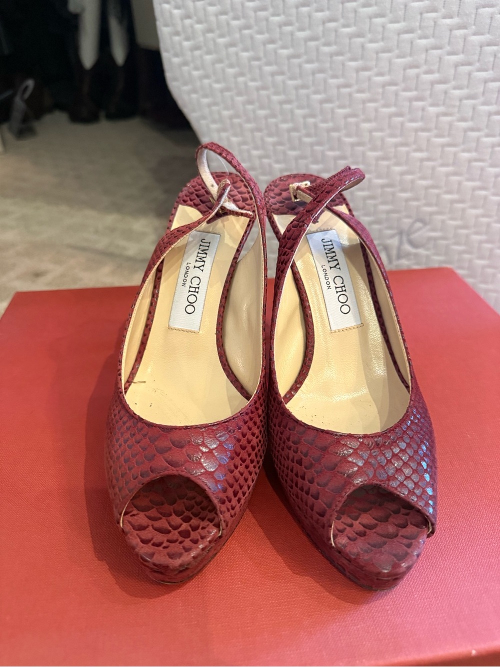 Jimmy Choo Burgundy Snakeskin Peep-Toe Slingback Heels
